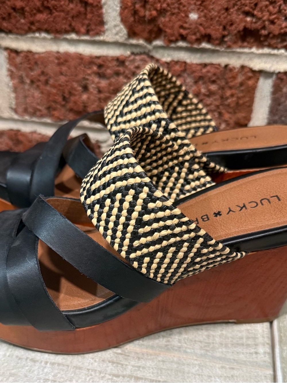 Lucky Brand Black and Natural Woven Platform Wedge Sandals with Leather Straps